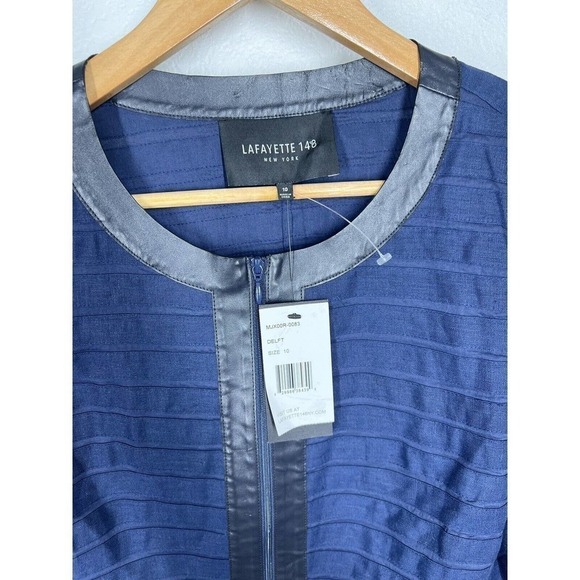 Lafayette 148 Womens 10 Linen Textured Jacket Vegan Leather Trim - Picture 3 of 6